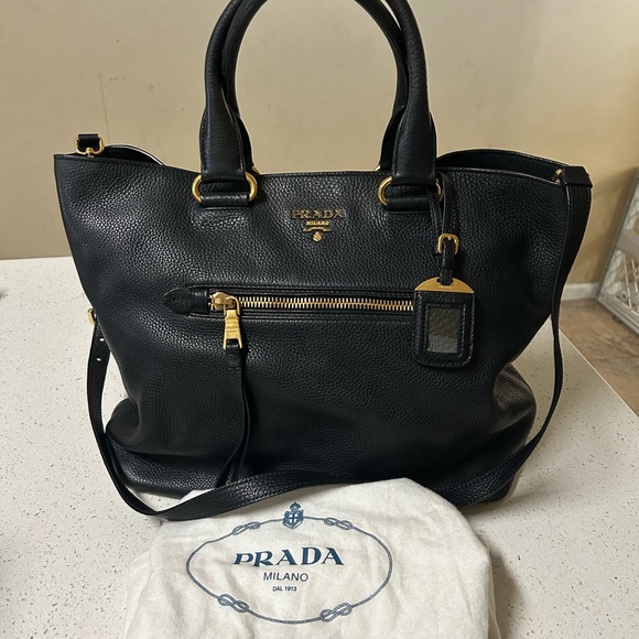Prada Black Vitello Daino Calfskin Leather Tote Bag with Gold Accents - Picture 1 of 8
